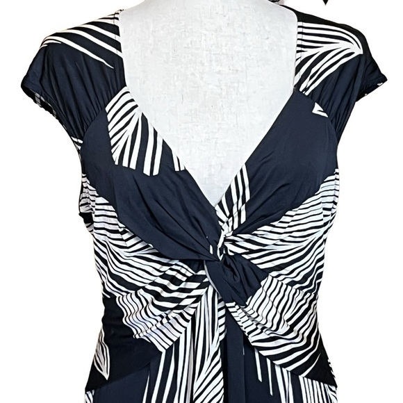 BCBGMaxAzria Petite Twist Front Tropical Rayon Dress. Black Tan Size LP #1181 - Picture 2 of 6